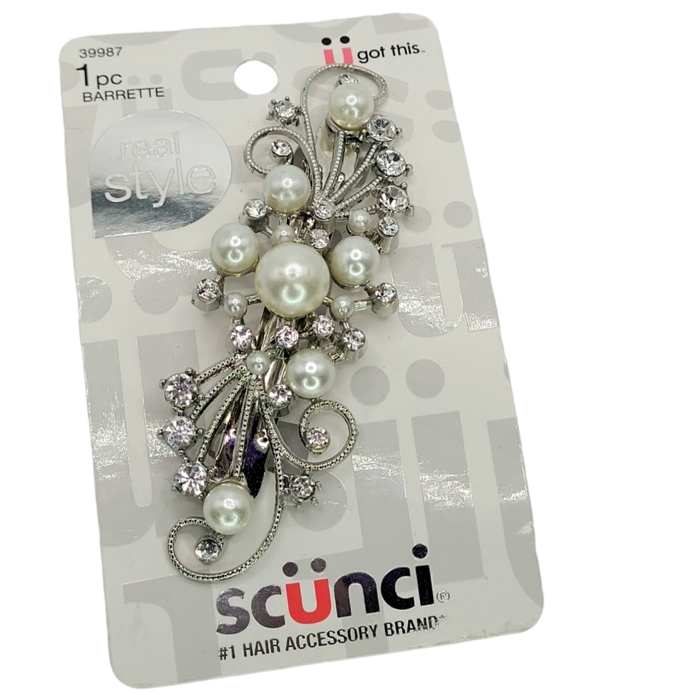 Scunci Real Style Fashion Barrette, Pearl Studded, 39987-A